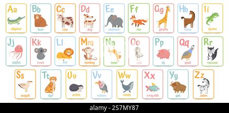 Carte alfabetiche per bambini. Scheda ABC didattica per l'apprendimento in età prescolare con set di illustrazioni vettoriali di cartoni animati animati e lettere. Flashcard con caratteri carini e parole inglesi disposte in ordine alfabetico... Carte alfabetiche per bambini. Scheda ABC didattica per l'apprendimento in età prescolare con set di illustrazioni vettoriali di cartoni animati animati e lettere Illustrazione Vettoriale