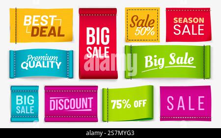 Vendita di etichette di abbigliamento. Tag tessuto scontato, buoni sconto per l'etichetta dei tessuti e cartellini in tessuto con saldi stagionali. Badge promozionale o buono sconto. Set di segnali vettoriali isolati realistici. Vendita di etichette di abbigliamento. Tag tessuto scontato, buoni sconto per l'etichetta dei tessuti e cartellini in tessuto con vendita stagionale Set vettoriale realistico Illustrazione Vettoriale