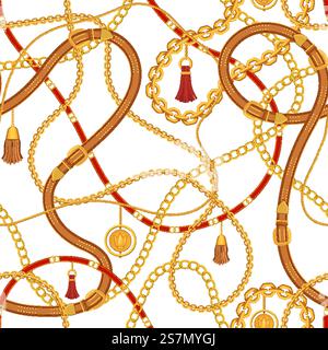 Cintura in pelle e stampa a catena. Cinghie con fibbie, catene dorate, cinture e nappine motivo senza cuciture. Accessorio di abbigliamento elegante, tessuto vettoriale. Accessorio di moda per indumenti, motivo di abbigliamento in pelle. Cintura in pelle e stampa a catena. Cinghie con fibbie, catene dorate, cinture e nappine motivo senza cuciture. Accessorio di abbigliamento elegante, tessuto vettoriale Illustrazione Vettoriale