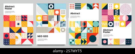 Poster neo geo a colori. Moderno opuscolo a griglia con forme geometriche, grafica geometrica e set di vettori di sfondo astratti. Immagine di presentazione del banner geometrica a griglia. Poster neo geo a colori. Moderno opuscolo a griglia con forme geometriche, grafica geometrica e set di vettori di sfondo astratti Illustrazione Vettoriale