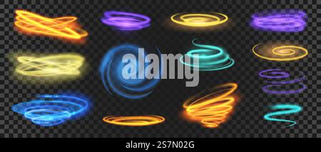 Spirali luminose, cerchi, vortici ed effetto di movimento rapido. Curve al neon realistiche e brillanti. Set di vettori per onde e anelli di energia magica. Brillantini luminosi, linee colorate e tortuose Illustrazione Vettoriale