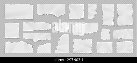 Frammenti, strappi, strappi e strisce realistici di carta bianca. Pagina di strappo vuota del notebook. Quadrati di fogli tagliati. Set vettoriale carta per note irregolari. Pezzi vuoti e frammenti di forma diversa Illustrazione Vettoriale