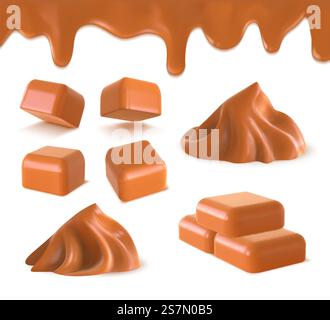 Caramello liquido realistico, caramelle a cubetti e burro di arachidi. Bordo e vortice in caramello fuso dolce 3D. Set vettoriale per dessert a latte condensato. Illustrazione di un delizioso dolce al caramello con caramelle. Caramello liquido realistico, caramelle a cubetti e burro di arachidi. Bordo e vortice in caramello fuso dolce 3D. Set vettoriale per dessert a latte condensato Illustrazione Vettoriale