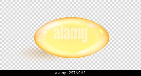 Capsula di olio di pesce dorato ovale isolata su fondo trasparente. Pillola realistica in gel di collagene dorato. Capsula cosmetica di omega-3, antibiotico, vitamina A, e o D. illustrazione vettoriale di goccioline di siero ambrato per capelli o bellezza. Capsula di olio di pesce dorato ovale isolata su fondo trasparente. Pillola realistica in gel di collagene dorato. Capsula cosmetica di omega-3, antibiotico, vitamina e o D. illustrazione vettoriale di goccioline di siero ambrato Illustrazione Vettoriale