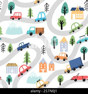 Cartoni animati strade e auto, mappa della città Kid pattern senza cuciture. Carta da parati con strade, alberi, case e camion. Scarabocchio da viaggio per la texture vettoriale del tappeto. Città con sentieri, veicoli e planys Illustrazione Vettoriale