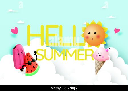 Hello Summer con frutta tropicale e gelato in stile cartoni animati e schema di colori pastello illustrazione vettoriale di sfondo Illustrazione Vettoriale