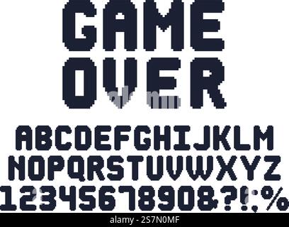 Font di gioco a 8 bit per computer. Alfabeto dei pixel dei videogiochi rétro, design tipografico degli anni '80 e lettere dei pixel. Font Arcade pixel digitali, set vettoriale di lettere e numeri in pixel. Font di gioco a 8 bit per computer. Alfabeto dei pixel dei videogiochi rétro, design tipografico degli anni '80 e set vettoriale di lettere dei pixel Illustrazione Vettoriale