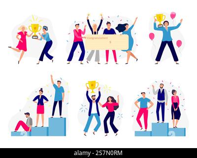 Persone vincenti. La coppia felice vince la coppa d'oro, il team di impiegati vince un assegno in contanti e vince il podio. Premio per i dipendenti del lavoro di squadra. Set di icone di illustrazione vettoriale isolate piatte. Persone vincenti. La coppia felice vince la coppa d'oro, il team di impiegati vince un assegno di cassa e vince il successo in piedi sul set di illustrazioni vettoriali piatte del podio Illustrazione Vettoriale