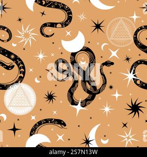 Serpenti mistici con motivo senza cuciture. Stampa con silhouette di serpenti e simboli astrologici. Magia ornata da stelle, luna e serpenti con design vettoriale. Sfondo e schema dell'illustrazione, alchimia e serpente. Serpenti mistici con motivo senza cuciture. Stampa con silhouette di serpenti e simboli astrologici. Magia ornata da stelle, luna e serpenti con design vettoriale Illustrazione Vettoriale