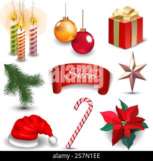 Decorazioni natalizie per le festività di Capodanno icone realistiche set di immagini vettoriali isolate. Fuoco sulle candele. Stella di Natale e regalo. Fiore di istletoe. Cappello di Babbo Natale. Ramo dell'albero di Natale e giocattoli. Canna al caramello... Decorazioni natalizie per le festività di Capodanno icone realistiche set di immagini vettoriali isolate Illustrazione Vettoriale