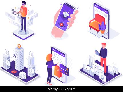 Smartphone Isometrico con realtà aumentata. Piattaforma mobile AR, gioco virtuale e navigazione 3d per smartphone. Tecnologia delle risorse di comunicazione del futuro. Insieme di illustrazioni delle icone isolate del concetto vettoriale. Smartphone Isometrico con realtà aumentata. Set illustrativo per la piattaforma mobile AR, il gioco virtuale e gli smartphone con il concetto di vettore di navigazione 3d. Illustrazione Vettoriale