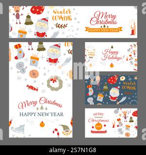 Set di banner Web con elementi di design natalizi in stile doodle. Biglietti di Natale. Illustrazione vettoriale. Set di banner Web con elementi di design natalizi in stile doodle. Biglietti di Natale. Vettore Illustrazione Vettoriale