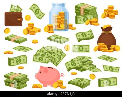 Borsa dei soldi e pile di cartoni animati. Salvadanaio, pacchetti di banconote, portafoglio con banconote da un dollaro, pile d'oro e sacco con monete. Set di vettori per il risparmio di cassa. Borsa illustrativa con contanti, sicura dorata. Borsa dei soldi e pile di cartoni animati. Salvadanaio, pacchetti di banconote, portafoglio con banconote da un dollaro, pile d'oro e sacco con monete. Set di vettori per il risparmio di cassa Illustrazione Vettoriale