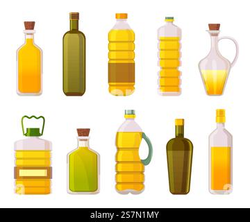 Bottiglie di olio. Oli da cucina per girasole, olive, mais e verdure in confezioni di vetro e plastica. Set vettoriale di prodotti a base di olio biologico extra vergine. Illustrazione olio girasole o oliva per cucinare. Bottiglie di olio. Oli da cucina per girasole, olive, mais e verdure in confezioni di vetro e plastica. Set vettoriale di prodotti a base di olio biologico extra vergine Illustrazione Vettoriale