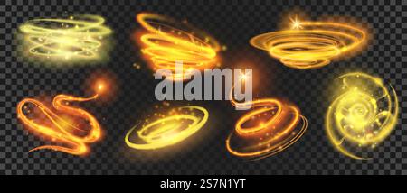 Spirali magiche e cerchi dorati brillanti con polvere scintillante. I brillantini brillanti girano. Riprese stellari con effetto di movimento. Set di vettori Magic Light Trail. Splendore luminoso e di lusso per la decorazione Illustrazione Vettoriale