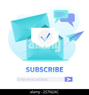 Iscriviti al nostro modello di banner Web quadrato per la newsletter. Busta aperta con nuova lettera. Marketing tramite posta, banner di registrazione per la consegna del servizio di corrispondenza. Iscriviti al nostro modello di banner Web quadrato per la newsletter. Busta aperta con nuova lettera. Marketing tramite posta, banner di registrazione per la consegna del servizio di corrispondenza Illustrazione Vettoriale