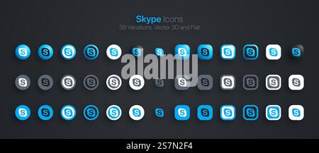 Le icone Skype impostano il 3D moderno e il Flat in diverse varianti Illustrazione Vettoriale