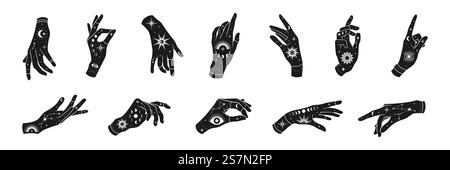Set vettoriale di mani di donna con simboli magici mistici: Occhi, sole, frasi di luna, stelle, gioielli. Oggetti di occultismo spirituale, modelli per la progettazione di logo. Illustrazione Vettoriale