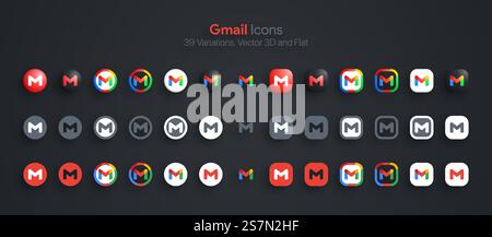 Le icone Gmail impostano 3D moderno e piatto in diverse varianti Illustrazione Vettoriale