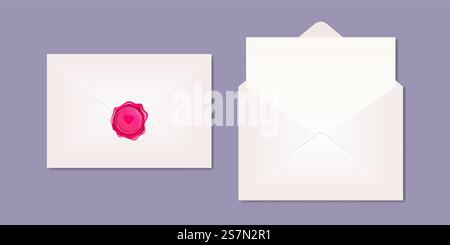Mockup di buste realistiche, aperte con lettera vuota e sigillate con francobollo di cera rosa. Lettera d'amore romantica per San Valentino. Illustrazione vettoriale del messaggio di posta d'amore.. Mockup di buste realistiche, aperte con lettera vuota e sigillate con francobollo di cera rosa. Lettera d'amore romantica per San Valentino. Illustrazione vettoriale del messaggio di posta d'amore Illustrazione Vettoriale