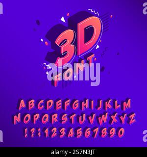 Carattere isometrico 90s. Alfabeto di Memphis, lettere cube degli anni '80 e caratteri tipografici per poster. Design alfabetico 3D, giochi arcade e numeri. Set di illustrazioni vettoriali di segnali isolati. Carattere isometrico 90s. Alfabeto di Memphis, lettere cube degli anni '80 e vettore di caratteri tipografici per manifesti Illustrazione Vettoriale