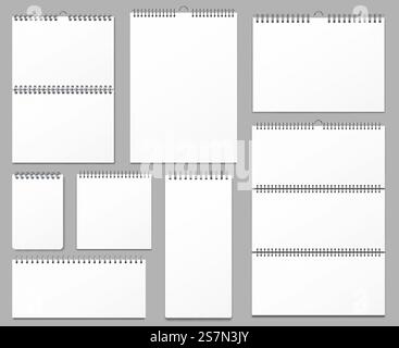 Mockup del calendario. I calendari da parete si legano a spirale metallica, alla pagina delle note e alle pagine dei quaderni. Mockup data calendario vuoto, foglio organizzatore memo. set di segnali isolati per illustrazione vettoriale realistica 3d. Mockup del calendario. I calendari da parete si legano a spirale in metallo, alla pagina delle note e alle pagine dei notebook, insieme di illustrazioni vettoriali realistiche in 3d. Illustrazione Vettoriale