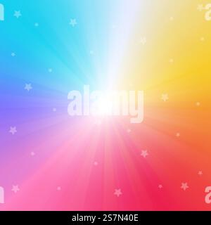 sfondo a gradiente arcobaleno con raggi luminosi e stelle scintillanti. Illustrazione vettoriale. Illustrazione Vettoriale