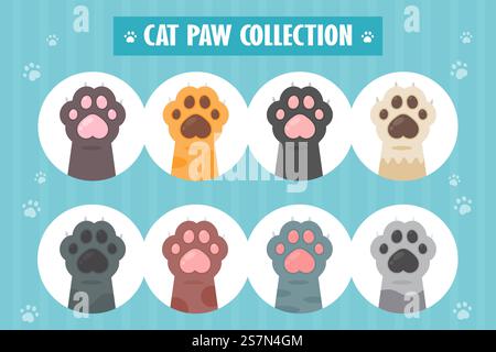 Zampa di gatto set di specie diverse simpatici cuccioli a mano isolati dallo sfondo. Illustrazione Vettoriale