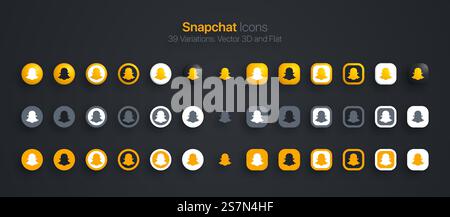 Le icone Snapchat impostano 3D moderno e piatto in diverse varianti Illustrazione Vettoriale