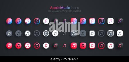 Le icone Apple Music impostano Modern 3D e Flat in diverse varianti Illustrazione Vettoriale