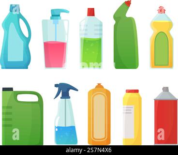 Bottiglie di detergente. Prodotti per la pulizia, bottiglie di candeggina e contenitori per detergenti in plastica. Bottiglie per uso domestico, detergenti per prodotti chimici sanitari e apparecchiature. Set di icone isolate per illustrazione vettoriale cartoni animati. Bottiglie di detergente. Materiali di consumo per la pulizia, bottiglie di candeggina e contenitori di detergenti in plastica illustrazione del vettore cartoni animati Illustrazione Vettoriale
