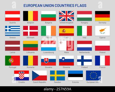 Bandiere dei paesi dell'Unione europea. stati di viaggio in Europa, bandiera del paese membro dell'UE. Bandiere della Francia, del Portogallo e della Finlandia. Set di simboli isolati di bandiera del Regno Unito, della Grecia e della Spagna. Bandiere dei paesi dell'Unione europea. stati di viaggio in Europa, insieme di vettori di bandiera del paese membro dell'UE Illustrazione Vettoriale