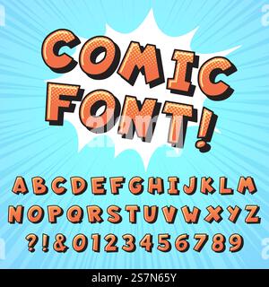 Font retro fumetti. Lettere a fumetti supereroi, caratteri degli eroi dei cartoni animati vintage e alfabeto dei fumetti pop art. Testo supereroe, numeri di fumetti e simboli di lettere, set di illustrazioni vettoriali. Font retro fumetti. Fumetti supereroi lettere, caratteri vintage degli eroi dei cartoni animati e illustrazione vettoriale dell'alfabeto dei fumetti pop art Illustrazione Vettoriale