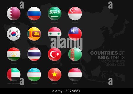 Icone rotonde lucide per bandiere dei paesi asiatici isolate su sfondo nero parte 3 Illustrazione Vettoriale