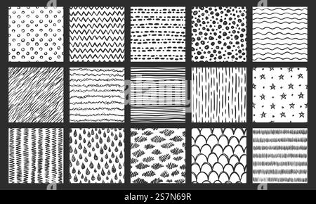 Texture senza cuciture disegnate a mano. Ripetizione di schizzo, trama scarabocchiare e linee curve. Poster geometrico in carta, penna a inchiostro astratta per scarabocchi. Set di segni isolati con schemi vettoriali. Texture senza cuciture disegnate a mano. Set di ripetizioni vettoriali per la ripetizione dello schizzo, la trama del doodle dello scarabocchio e le linee curve Illustrazione Vettoriale