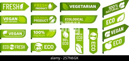 Etichette dei marchi vegani. Prodotti vegetariani freschi, alimenti biologici ecologici e adesivi consigliati per prodotti salutari. Emblema vegetariano stile di vita, etichetta dieta salutare. Set di icone isolate vettoriali. Etichette dei marchi vegani. Prodotti vegetariani freschi, alimenti biologici ecologici e prodotti salutari consigliati adesivi badge vettoriali Illustrazione Vettoriale