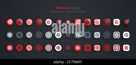 Le icone Pinterest impostano 3D moderno e piatto in diverse varianti Illustrazione Vettoriale