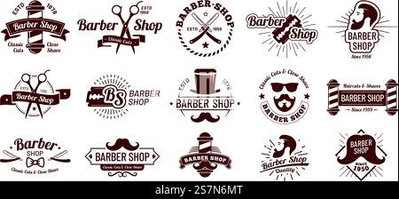 Stemmi da barbiere vintage. Pettinatura per capelli gentili, rasoio da barbiere e salone di rasatura. Badge per tagli di capelli da uomo, logo per barbiere o badge per parrucchieri da gentiluomo. Set di icone isolate dell'illustrazione vettoriale. Stemmi da barbiere vintage. Pettinatura per capelli gentili, rasoio da barbiere e salone di rasatura. Set di illustrazioni vettoriali badge per tagli di capelli Mans Illustrazione Vettoriale