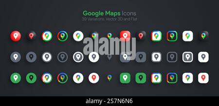 Le icone di Google Maps impostano 3D moderno e Flat in diverse varianti Illustrazione Vettoriale