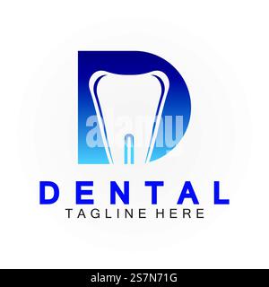 Lettera D iniziale con icona dentale a forma di logo vettoriale disegno illustrazione adatto per la salute dentale, clinica dentista, cure dentali. Illustrazione Vettoriale