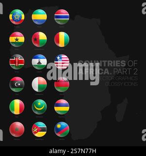 Icone rotonde lucide dei paesi africani su sfondo nero parte due Illustrazione Vettoriale