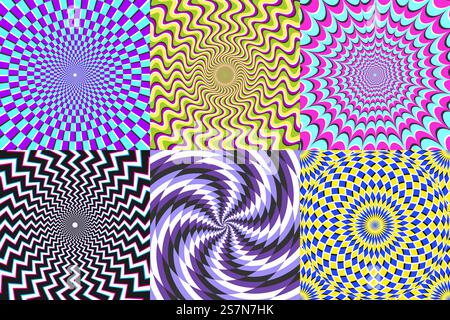 Spirale psichedelica. Illusione ottica, spirale delirante e spirale colorata ipnosi astratta. Turbolenza ipnotizzata, affascinante serie di illustrazioni del vettore di spin illusorio astratto frattale turbinato. Spirale psichedelica. Set di illustrazioni per vettori a spirale per illusione ottica, spirali per illusione e ipnosi per astrazione colorata Illustrazione Vettoriale