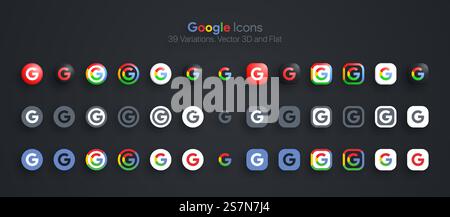 Le icone di Google impostano il 3D moderno e il Flat in diverse varianti Illustrazione Vettoriale