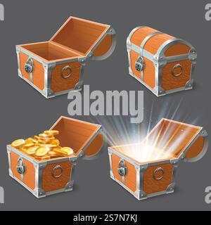 Cassa di legno. Forziere del tesoro, vecchia cassa in oro lucido e chiudi o apri casse vuote. Tesoro dei pirati o monete d'oro nell'antico petto. set di icone isolate per illustrazione vettoriale realistica 3d. Cassa di legno. Cassettiera del tesoro, vecchia custodia in oro lucido e set di illustrazioni vettoriali 3d chiuse o aperte Illustrazione Vettoriale