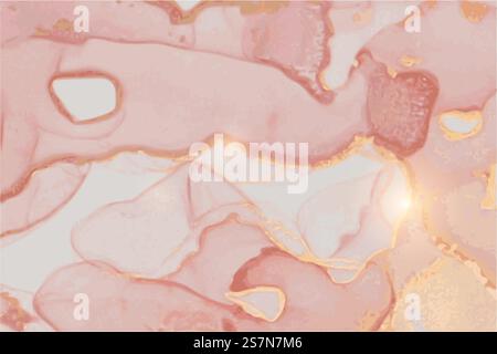 Marmo astratto rosa e oro di lusso con tecnica a inchiostro alcolico e glitter. Rosa lussureggiante in marmo e pietra di quarzo dorata Illustrazione Vettoriale