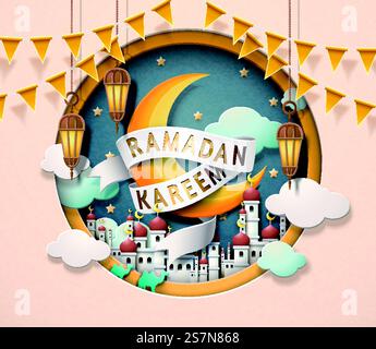 Grazioso design Ramadan Kareem in stile cartaceo, mezzaluna e moschea. Bel design Ramadan Kareem Illustrazione Vettoriale