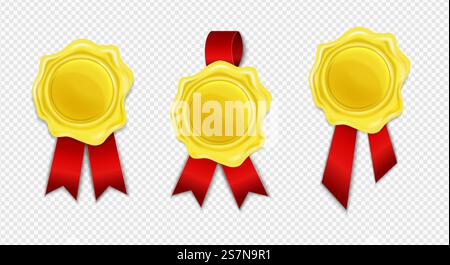 Raccolta di sigilli di cera dorati con nastro rosso isolato su sfondo bianco. Timbro retrospettivo rotondo realistico per documenti, buste, lettere o striscioni. Concetto di qualità, marchio di garanzia. Illustrazione vettoriale. Raccolta di sigilli di cera dorati con nastro rosso isolato su sfondo bianco. Timbro retrospettivo rotondo realistico per documenti, buste, lettere o striscioni. Concetto di qualità, marchio di garanzia. Illustrazione vettoriale Illustrazione Vettoriale