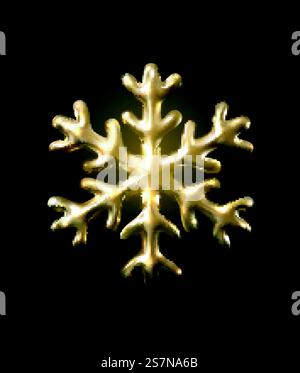 Scintillante fiocco di neve dorato. Illustrazione vettoriale 3d della forma metallica del fiocco di neve che si illumina isolata sul nero. Elemento decorativo per Capodanno o Natale. Un realistico ornamento natalizio... Scintillante fiocco di neve dorato. Illustrazione Vettoriale