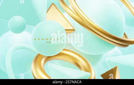 Sfondo dalle forme geometriche turchesi e dorate. Sfondo elegante astratto con anelli, sfere, piramidi. Illustrazione vettoriale 3D. La geometria fluida primitizza la composizione. Design di striscioni o cartelli. Sfondo dalle forme geometriche turchesi e dorate. Sfondo elegante astratto. Illustrazione Vettoriale