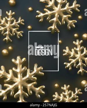 Scintillanti fiocchi di neve dorati e perline su sfondo nero. Illustrazione vettoriale in 3d di forme e sfere di fiocchi di neve metallici brillanti. Copertina di Capodanno o Natale o modello banner. Ornamento natalizio... Scintillanti fiocchi di neve e perle dorate Illustrazione Vettoriale